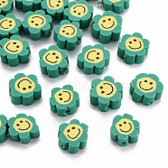 Handmade Polymer Clay Beads, Flower with Smiling Face, Medium Sea Green, 9~10x8~9x4~5mm, Hole: 1.4~1.6mm(CLAY-N011-011B)