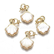 White Shell Peg Bails Charms, for Half Drilled Bead, with Brass Findings and Jump Ring, Nickel Free, Shell Shape, Real 18K Gold Plated, 15.5x12.5x4mm, Pin: 0.7mm, Jump Ring: 4.5x0.7mm, 3mm inner diameter(KK-S354-270-NF)