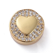Brass Micro Pave Cubic Zirconia Beads, Flat Round with Heart, Clear, Golden, 12x5mm, Hole: 2mm(ZIRC-G157-58G-02)