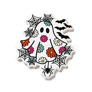 Halloween Printed Acrylic Pendants, Ghost with Flower & Spider Web Charm, White, 41.5x35x2.3mm, Hole: 2mm(MACR-O046-06C)