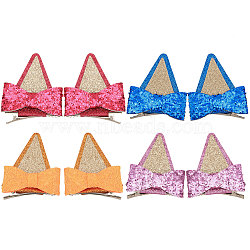 4 Pairs 4 Colors Glitter Bowknot Cat Ear Cloth Alligator Hair Clips, with Iron Finding, for Girl, Mixed Color, 73~74x61x9.5mm, 1 pair/color(PHAR-CA0001-004)