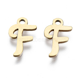 201 Stainless Steel Charms, Laser Cut, Alphabet, Golden, Letter.F, 12x8x1mm, Hole: 1.4mm(STAS-T044-217G-F)