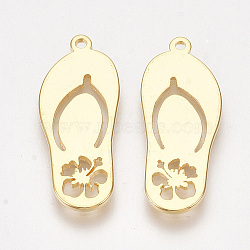 Brass Pendants, Slipper with Flower, Nickel Free, Real 18K Gold Plated, 23x9.5x1mm, Hole: 1mm(KK-S350-266)