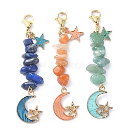 Natural Gemstone Chip Beaded Pendant Decorations, Star & Moon Alloy Enamel and 304 Stainless Steel Lobster Claw Clasps Charms, Mixed Color, 67.5mm, 3pcs/set(HJEW-JM01199)