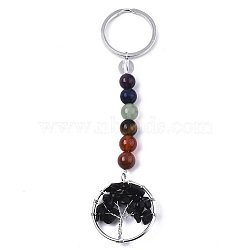 Natural Black Obsidian Chips Chakra Keychain, with Platinum Plated Stainless Steel Split Key Rings and Mixed Stone Round Beads, Flat Round with Tree of Life, 122mm(G-N0326-004G)