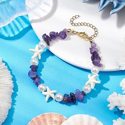 Starfish Synthetic Turquoise & Natural Amethyst Chip Beaded Bracelets for Women, with 304 Stainless Steel Lobster Claw Clasps, 7-5/8~7-3/4 inch(19.4~19.8cm)(BJEW-JB11264-01)