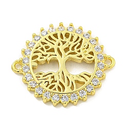 Rack Plating Brass Micro Pave Cubic Zirconia Tree of Life Links, Flat Round Connector Charms, Long-Lasting Plated, Cadmium Free & Lead Free, Real 18K Gold Plated, 20x24x2.5mm, Hole: 1.4mm(KK-B091-45G)