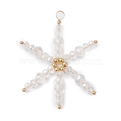 Christmas Theme Glass Pendants, with Copper Wire, Gold, Snowflake, Clear, 54x42x6mm, Hole: 4mm(PALLOY-JF02888)