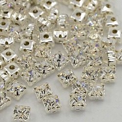 Sew on Rhinestone, Grade A Glass Rhinestone, with Brass Prong Settings, Garments Accessories, Silver Color Plated Metal Color, Crystal, 4.2~4.4x4.2~4.4mm, Hole: 1mm, about 1440pcs/bag(RB-J179-SS18-001)