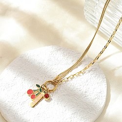 304 Stainless Steel Red Enamel and Siam Rhinestone Cherry Pendant Necklaces for Women, Golden, 15.75 inch(40cm)(NJEW-M091-02G)