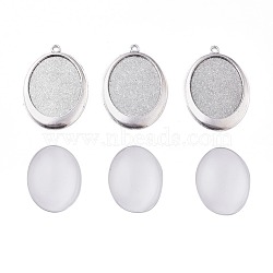 DIY Pendant Making, with Tibetan Style Alloy Pendant Cabochon Settings and Transparent Glass Cabochons, Oval, Antique Silver, Cabochons: 40x30x7~9mm, Settings: 55x38x3mm, Hole: 3mm, 2pcs/set(DIY-X0293-48AS)