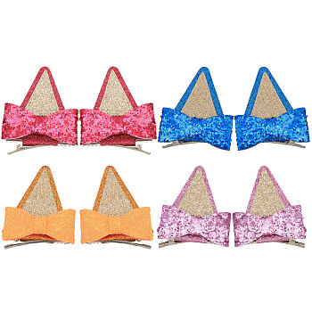 4 Pairs 4 Colors Glitter Bowknot Cat Ear Cloth Alligator Hair Clips, with Iron Finding, for Girl, Mixed Color, 73~74x61x9.5mm, 1 pair/color