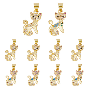 8Pcs 2 Colors Rack Plating Brass Micro Pave Cubic Zirconia Pendants, Cadmium Free & Lead Free, Long-Lasting Plated, Cat Charm, Real 18K Gold Plated, Mixed Color, 19x12x2mm, Hole: 3.5x5mm, 4pcs/color