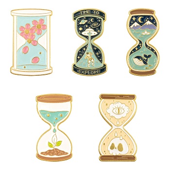 5Pcs 5 Style Alloy Enamel Brooches, Enamel Pin, with Butterfly Clutches, Sand Clock, Golden, Mixed Color, 29.5x14~18x9.5~10mm, Pin: 1mm, 1pc/style