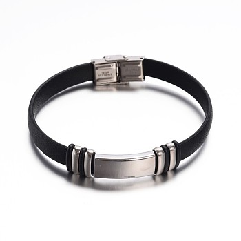 Rectangle Black Color PU Leather ID Cord Bracelets, with 304 Stainless Steel Findings and Watch Band Clasps, Stainless Steel Color, 220x10mm