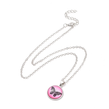 Glass Flat Round Pendant Necklace with Brass Chain, Breast Cancer Awareness Ribbon Jewelry for Women, Butterfly Pattern, 18.70 inch(47.5cm)