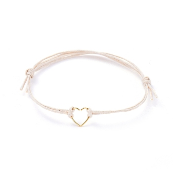 Adjustable Waxed Cotton Cord Bracelets, with 304 Stainless Steel Heart Jump Ring, White, 1-5/8 inch~3-1/2 inch(4~9cm)