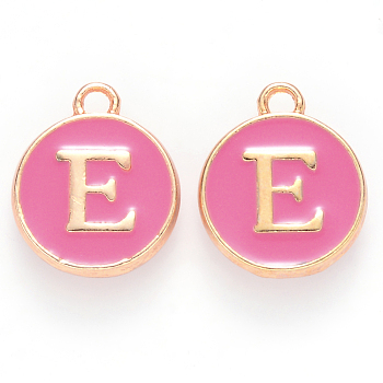 Golden Plated Alloy Enamel Charms, Cadmium Free & Lead Free, Enamelled Sequins, Flat Round with Letter, Camellia, Letter.E, 14x12x2mm, Hole: 1.5mm