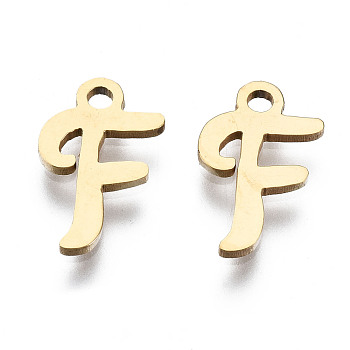 201 Stainless Steel Charms, Laser Cut, Alphabet, Golden, Letter.F, 12x8x1mm, Hole: 1.4mm