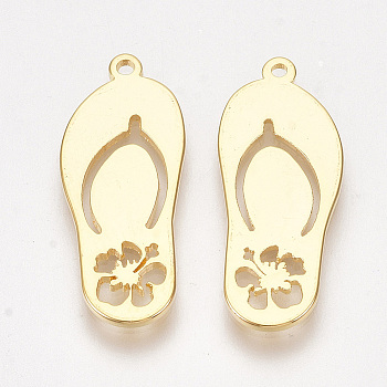 Brass Pendants, Slipper with Flower, Nickel Free, Real 18K Gold Plated, 23x9.5x1mm, Hole: 1mm