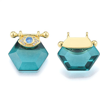 Brass Micro Pave Clear Cubic Zirconia Pendants, with Glass, Nickel Free, Real 18K Gold Plated, Hexagon with Eye, Medium Turquoise, 24x22.5x9mm, Hole: 1.8mm