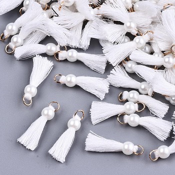 Polycotton(Polyester Cotton) Tassel Pendant Decorations, Mini Tassel, with Golden Tone Iron Findings and ABS Plastic Imitation Pearl, White, Light Gold, 23mm, Jump ring: 5x0.8mm, 3.4mm inner diameter