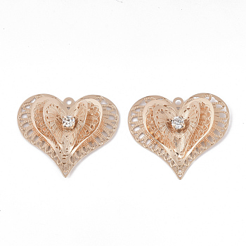 Brass Pendants, with Crystal Rhinestone, Heart, Light Gold, 40.5x43x8mm, Hole: 2.5mm