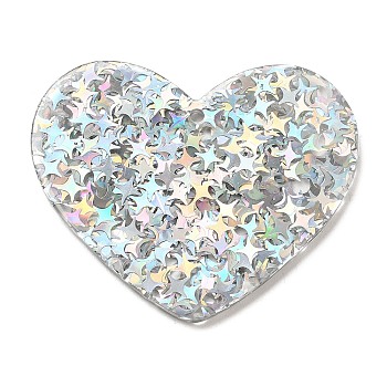 Acrylic with Paillettes Pendants, Heart, Silver, 35.5x44x2mm, Hole: 1.8mm