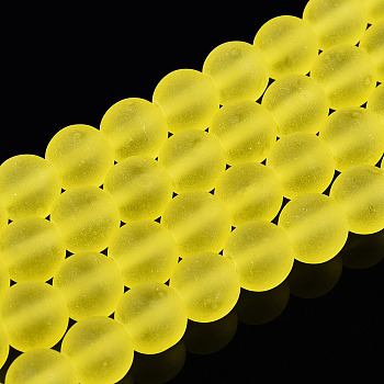 Transparent Glass Beads Strands, Frosted, Round, Yellow, 8~8.5mm, Hole: 1.5mm, about 51~53pcs/strand, 14.96 inch~15.55 inch(38~39.7cm)