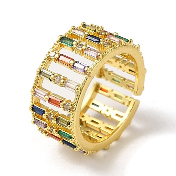 Rack Plating Brass Micro Pave Colorful Cubic Zirconia Rectangle Open Cuff Ring, Hollow, Real 18K Gold Plated, Inner Diameter: 17.8mm