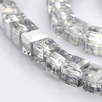 Half Plated Clear Glass Faceted Cube Beads Strands, Silver Plated, 4~5x4~5x4~5mm, Hole: 1mm, about 100pcs/strand, 16.9~18.5 inch