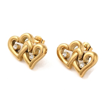 Double Heart 304 Stainless Steel Rhinestone Stud Earrings for Women, Golden, 18x25mm