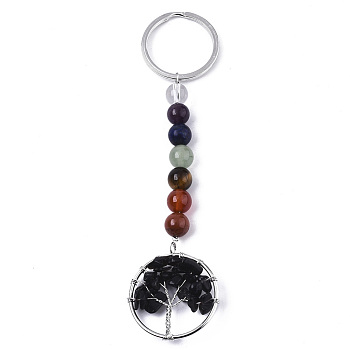 Natural Black Obsidian Chips Chakra Keychain, with Platinum Plated Stainless Steel Split Key Rings and Mixed Stone Round Beads, Flat Round with Tree of Life, 122mm