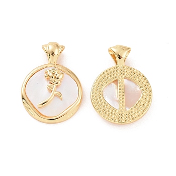 Brass Shell Pendants, Flat Round with Rose Charms, Real 18K Gold Plated, 21.5x15.5x4.3~4.5mm, Hole: 3.8x2.4mm