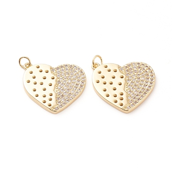Brass Micro Pave Clear Cubic Zirconia Pendants, Long-Lasting Plated, Heart, for Valentine's Day, Real 18K Gold Plated, 24x22.5x2mm, Jump Ring: 5x0.7mm, 3.6mm Inner Diameter