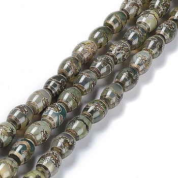 Tibetan Style dZi Beads Strands, Natural Agate Beads, Dyed & Heated, Oval, Dragon Pattern, 13~14x9.5~10mm, Hole: 1.2mm, about 25pcs/strand, 13.39''(34cm)