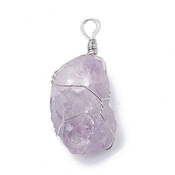 Natural Amethyst Pendants, with Brass Findings, Nuggets, Platinum, 45~50x25~40x14~25mm, Hole: 3~5mm