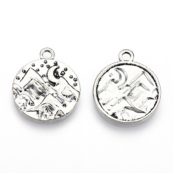 Tibetan Style Alloy Pendants, Cadmium Free & Lead Free, Flat Round with Mountain, Antique Silver, 24.5x20.5x2mm, Hole: 2.2mm