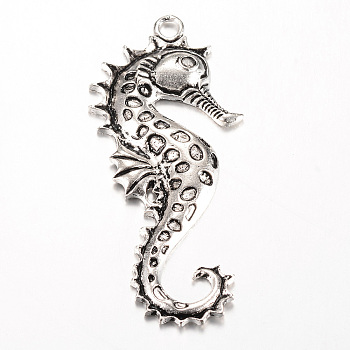 Tibetan Style Alloy Big Pendants, Sea Horse, Cadmium Free & Nickel Free & Lead Free, Antique Silver, 63x27.5x4mm, Hole: 3.5mm