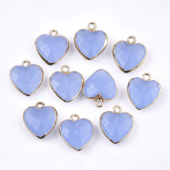 Electroplate Natural White Jade Pendants, with Cadmium Free & Nickel Free & Lead Free Iron Findings, Faceted, Heart, Dyed, Cornflower Blue, Golden, 16~17x14~15x6~7mm, Hole: 1.8mm