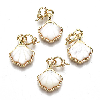 White Shell Peg Bails Charms, for Half Drilled Bead, with Brass Findings and Jump Ring, Nickel Free, Shell Shape, Real 18K Gold Plated, 15.5x12.5x4mm, Pin: 0.7mm, Jump Ring: 4.5x0.7mm, 3mm inner diameter
