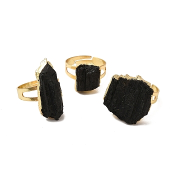 Natural Tourmaline Irregular Nugget Adjustable Ring, Rack Plating Brass Wide Ring for Men Women, Lead Free & Cadmium Free, Golden, US Size 9(18.9mm)~US Size 12 3/4(22mm)