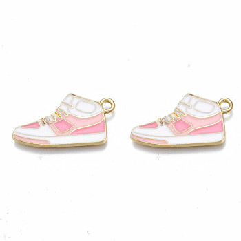 Alloy Enamel Shoes Pendants, Cadmium Free & Nickel Free & Lead Free, Light Gold, Sneakers, Pink, 14x25.5x1.5mm, Hole: 2mm