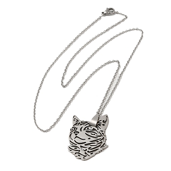 304 Stainless Steel Pendant Necklaces, Hollow Cat, Stainless Steel Color, 19.49 inch(49.5cm)