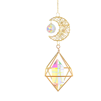 Moon Iron Hollow Big Pendant Decorations, K9 Crystal Glass Hanging Sun Catchers, with Brass Findings, for Garden, Wedding, Lighting Ornament, Hexagon, 420x90mm.