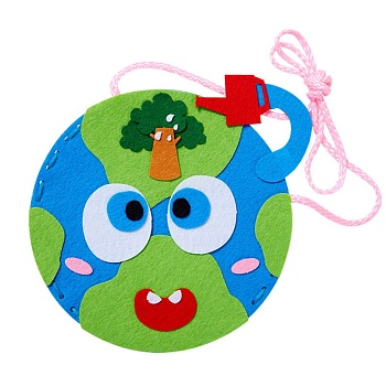 The Earth Day Theme DIY Non Woven Cloth Cartoon Earth-shaped Bag Kits, with Random Color Cords, Plastic Pin and Adhesive Patch, for Kindergarten Children Art Craft Supplies, Mixed Color, 120x177x1mm