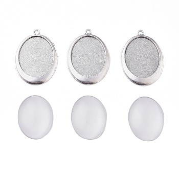 DIY Pendant Making, with Tibetan Style Alloy Pendant Cabochon Settings and Transparent Glass Cabochons, Oval, Antique Silver, Cabochons: 40x30x7~9mm, Settings: 55x38x3mm, Hole: 3mm, 2pcs/set