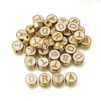 (Defective Closeout Sale: Enamel Yellowing)Alloy Enamel Beads, Flat Round with Letter, Golden, 8x4mm, Hole: 1.5mm