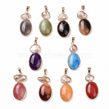 Light Gold Mixed Color Oval Natural Agate Pendants