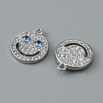 Alloy Rhinestone Pendants, Flat Round with Smiling Face Charms, Platinum, 19.5x16.5x3.5mm, Hole: 1.8mm(FIND-WH0110-451P)